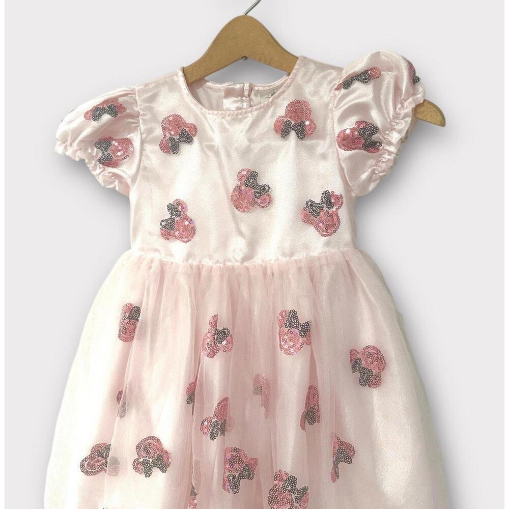 Disney Minnie Mouse Girls Dress Fit & Flare Puff Sleeve Tulle Sequin Pink 5/6 - Picture 2 of 15